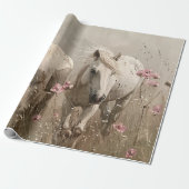 グレーの馬ピンクの花の油絵デコページ ラッピングペーパー (アンロールド)