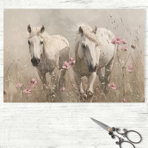 グレーの馬ピンクの花の油絵デコページ 薄葉紙