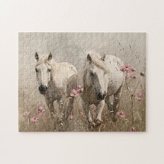 グレーの馬ピンクの花の油絵 ジグソーパズル (横)