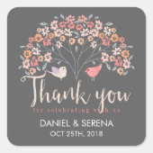 グレーの鳥のフローラスクリプトありがとう結婚ステッカー スクエアシール (正面)