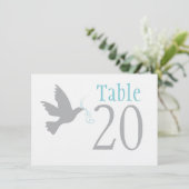 グレーの鳩にアクアブルーの結婚式テーブルナンバー 招待状 (スタンド正面)