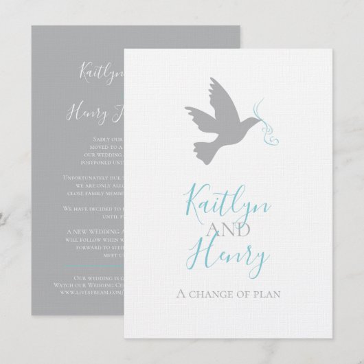 グレーの鳩 アクアブルーのリボン 結婚式計画変更 招待状 (正面/裏面)