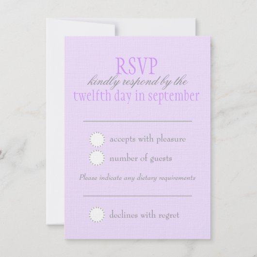 グレーの鳩 紫のリボン フォーマルな結婚式の出欠確認 招待状 (裏面)