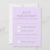 グレーの鳩 紫のリボン フォーマル ウェディング RSVP 招待状 (裏面)