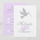 グレーの鳩 紫のリボン フォーマル ウェディング RSVP 招待状 (正面/裏面)