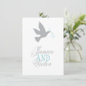 グレーの鳩 青いリボン フォーマル ウェディング RSVP 招待状 (スタンド正面)