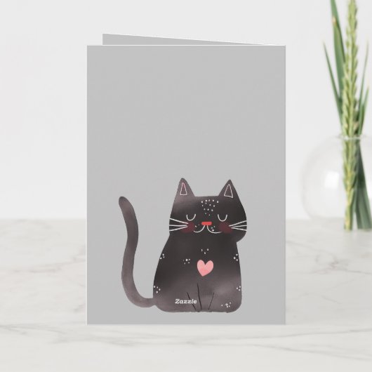 グレーの黒いピンクのハート猫の誕生日 カード