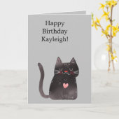 グレーの黒いピンクのハート猫の誕生日 カード