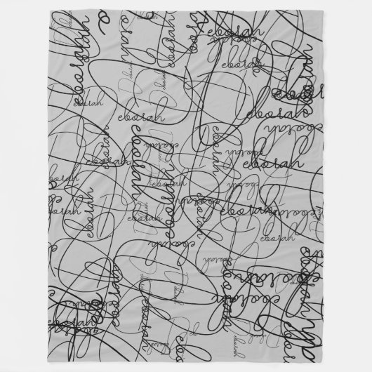 グレーの黒い署名の書道パターン フリースブランケット (正面)