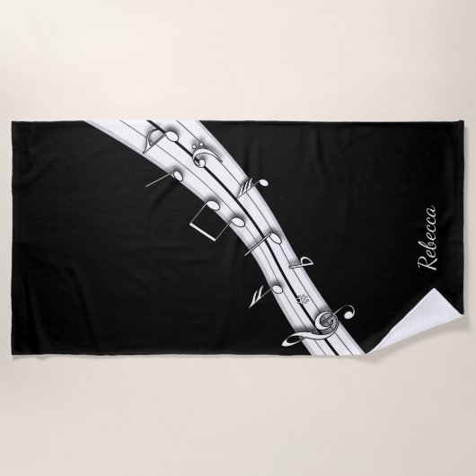 グレーの黒と白の音符スコア ビーチタオル (正面)