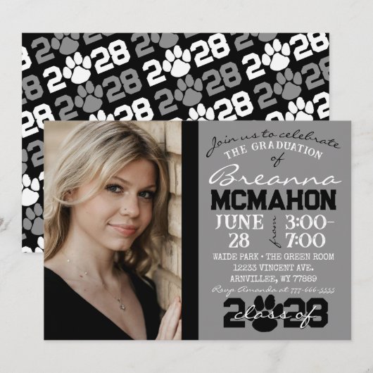 グレーの黒の肉球 卒業写真 招待状 (正面/裏面)