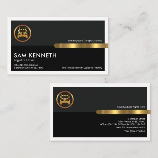 グレーの黒枠列金ゴールドタブトラックの物流 名刺 (正面/裏面)