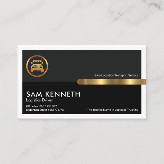 グレーの黒枠列金ゴールドタブトラックの物流 名刺 (正面)