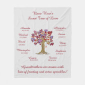 グレーの10の名前と日付に赤いハートの木のおばあちゃん フリースブランケット (正面)