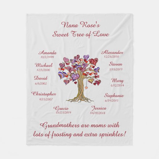 グレーの10の名前と日付に赤いハートの木のおばあちゃん フリースブランケット (正面)
