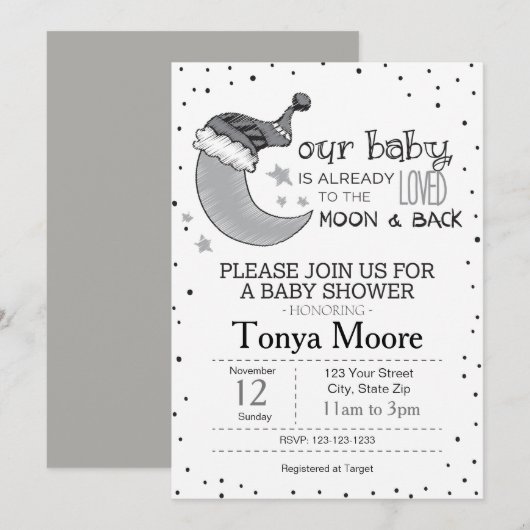 グレーの「月と星と私」ベビーシャワー招待状 招待状 (正面/裏面)
