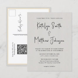 グレーのQRコードすべてモダンの1つのスクリプトシック結婚 インビテーションポストカード