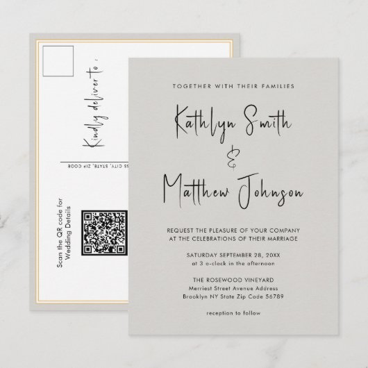 グレーのQRコードすべてモダンの1つのスクリプトシック結婚 インビテーションポストカード (正面/裏面)