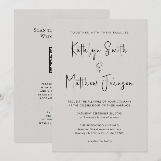 グレーのQRコードすべてモダンの1つのスクリプトシック結婚 招待状 (正面/裏面)