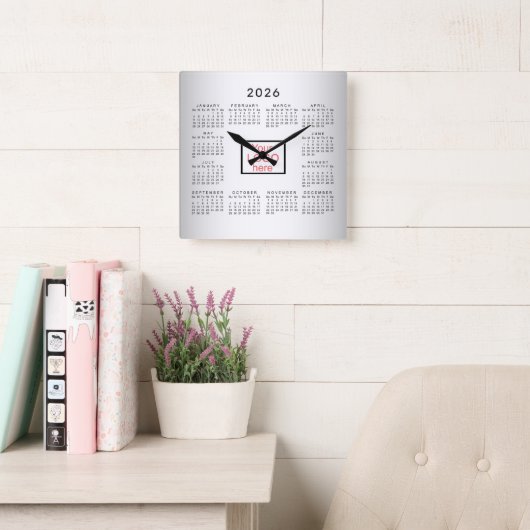 グレーぼやけバックグラウンカスタムド2026カレンダー スクエア壁時計 (読書スペース)