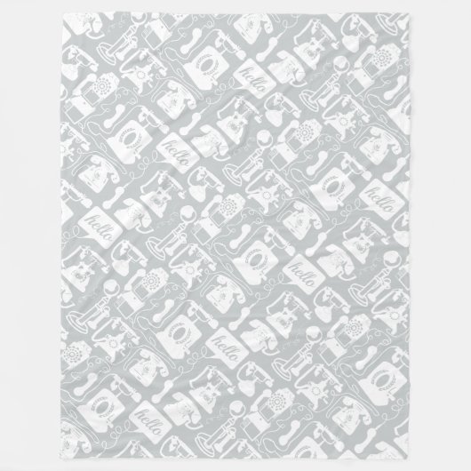 グレーまたは任意の色と白のレトロ電話パターン フリースブランケット (正面)