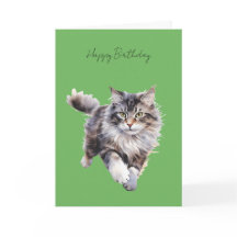 グレーもふもふ猫が走る誕生日カード #1