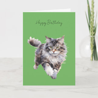 グレーもふもふ猫が走る誕生日カード #1 カード