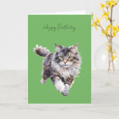 グレーもふもふ猫が走る誕生日カード #1 カード (黄色い花)