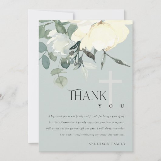 グレーアイボリーホワイトアクアフローラファーストホーリーコミュニオン サンキューカード (正面)