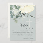 グレーアイボリーホワイトアクアフローラファーストホーリーコミュニオン サンキューカード (正面/裏面)