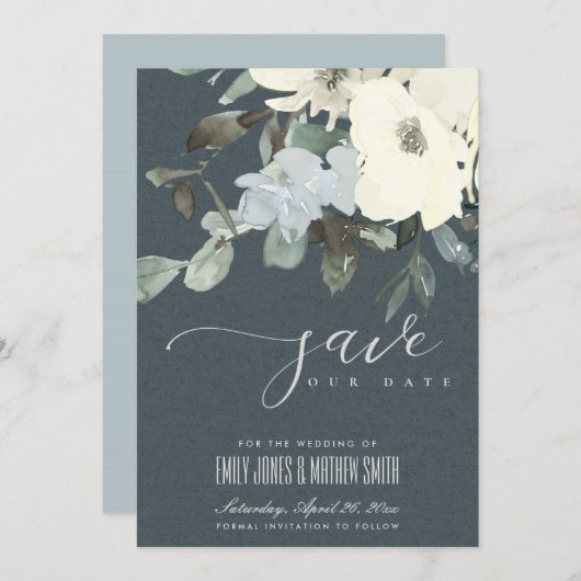 グレーアイボリーホワイトアクアフローラ水彩色束 セーブザデート (正面/裏面)