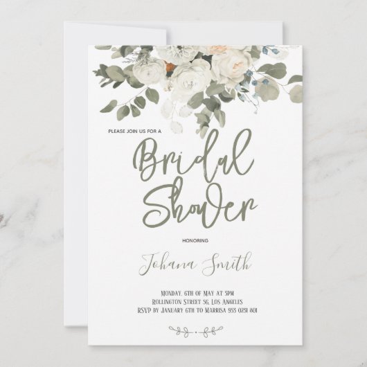 グレーアイボリーホワイトウォーター色フローラブライダルシャワー 招待状 (正面)