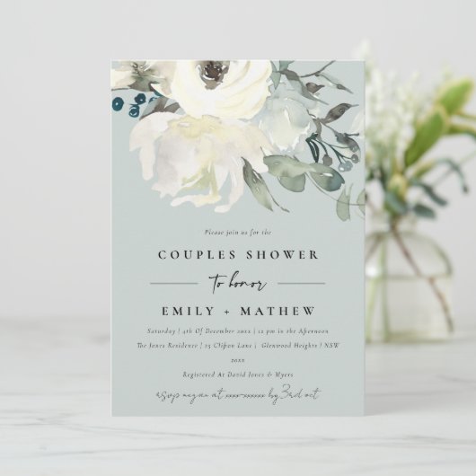 グレーアイボリーホワイトフローラウォーターカラーカップルシャワー 招待状 (スタンド正面)