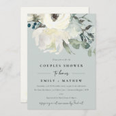 グレーアイボリーホワイトフローラウォーターカラーカップルシャワー 招待状 (正面/裏面)