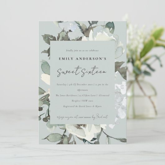 グレーアイボリーホワイトフローラバンチスウィート16誕生日 招待状 (スタンド正面)