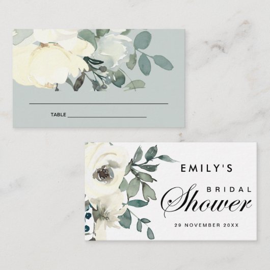 グレーアイボリー白色フローラブライダルシャワー座席表 名刺 (正面/裏面)