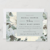 グレーアイボリー白色フローラ水彩ブライダルシャワー 招待状 (正面)