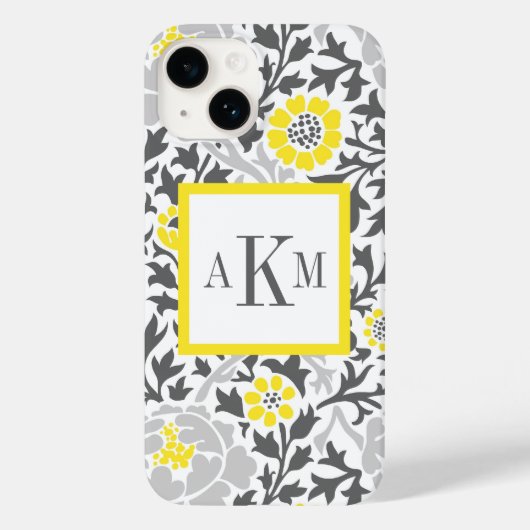 グレーアンドイエローフローラダマスクカスタムモノグラム Case-Mate iPhoneケース (裏面)