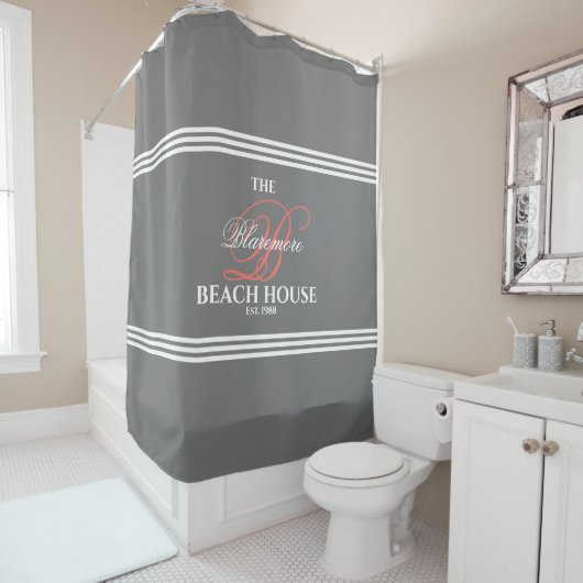 グレーアンドコーラルイニシャルホワストライプイトの家族バス シャワーカーテン (インサイチュ)