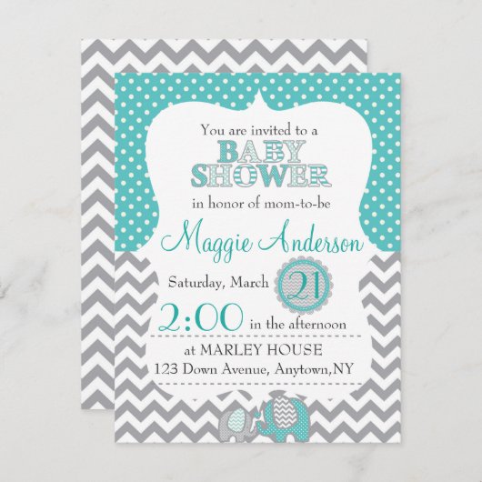 グレーアンドティール（緑がかった色）ベビーシャワー招待状 招待状 (正面/裏面)