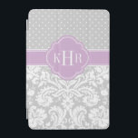 グレーアンドパープルダマスク水玉模様モノグラム iPad MINIカバー<br><div class="desc">シックなモダンiPadケースのデザインスタイリッシュは名門私立校風の、水玉模様とヴィンテージダマスコパターンの組み合わせパーソナライズされたと、モノグラムのイニシャルまたは名前をクアトレフォイルのフレームに。クリックカスタマイズモノグラムのフォントと色を変えて自分で作りユニークたデザインを作る！</div>
