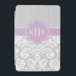 グレーアンドパープルダマスク水玉模様モノグラム iPad MINIカバー<br><div class="desc">シックなモダンiPadケースのデザインスタイリッシュは名門私立校風の、水玉模様とヴィンテージダマスコパターンの組み合わせパーソナライズされたと、モノグラムのイニシャルまたは名前をクアトレフォイルのフレームに。クリックカスタマイズモノグラムのフォントと色を変えて自分で作りユニークたデザインを作る！</div>