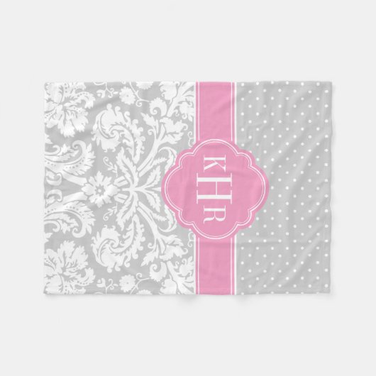 グレーアンドピンクダマスク水玉模様モノグラム フリースブランケット (正面(横))