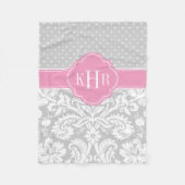 グレーアンドピンクダマスク水玉模様モノグラム フリースブランケット (正面)