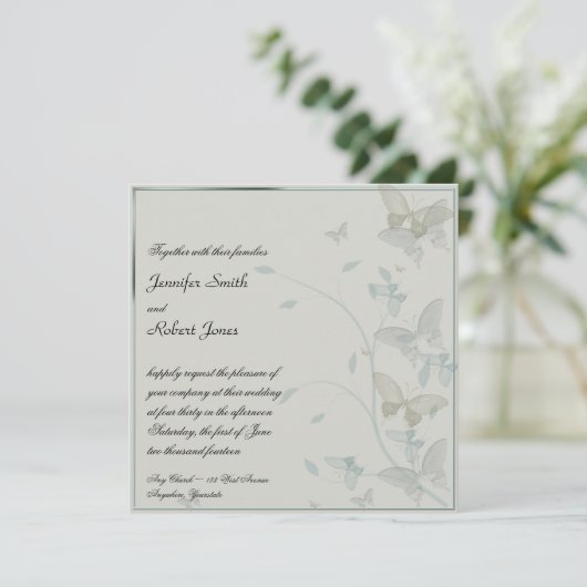 グレーアンドブルーバタフライメドウ結婚式招待状 招待状 (スタンド正面)