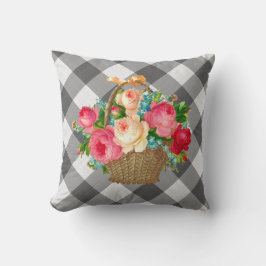グレーアンドホワイトギンガムフローラヴィンテージカントリー クッション