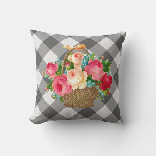 グレーアンドホワイトギンガムフローラヴィンテージカントリー クッション (正面)