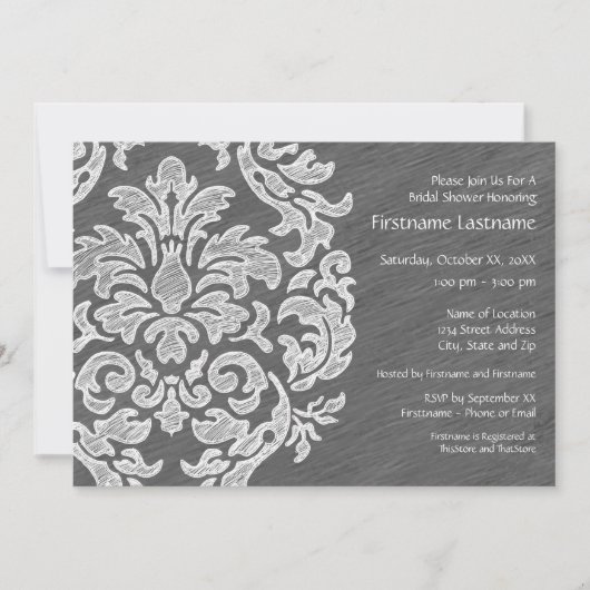 グレーアンドホワイトダマモダンスクブライダルシャワーパーティー 招待状 (正面)