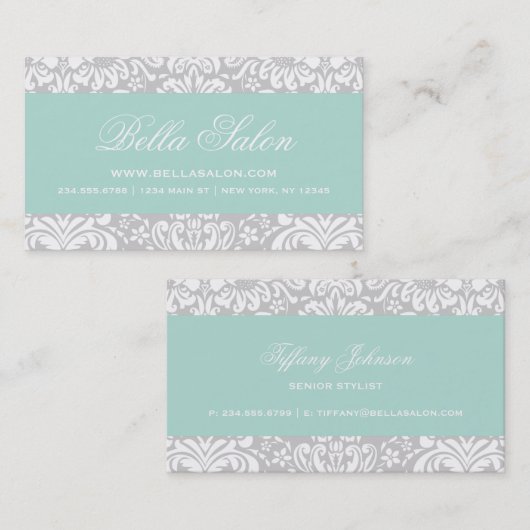 グレーアンドミントエレガントフローラダマスク 名刺 (正面/裏面)