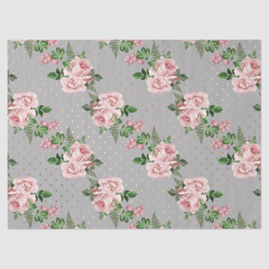 グレーアンド金ゴールド水玉模様とピンクロセスデコパージュ 薄葉紙 (正面)